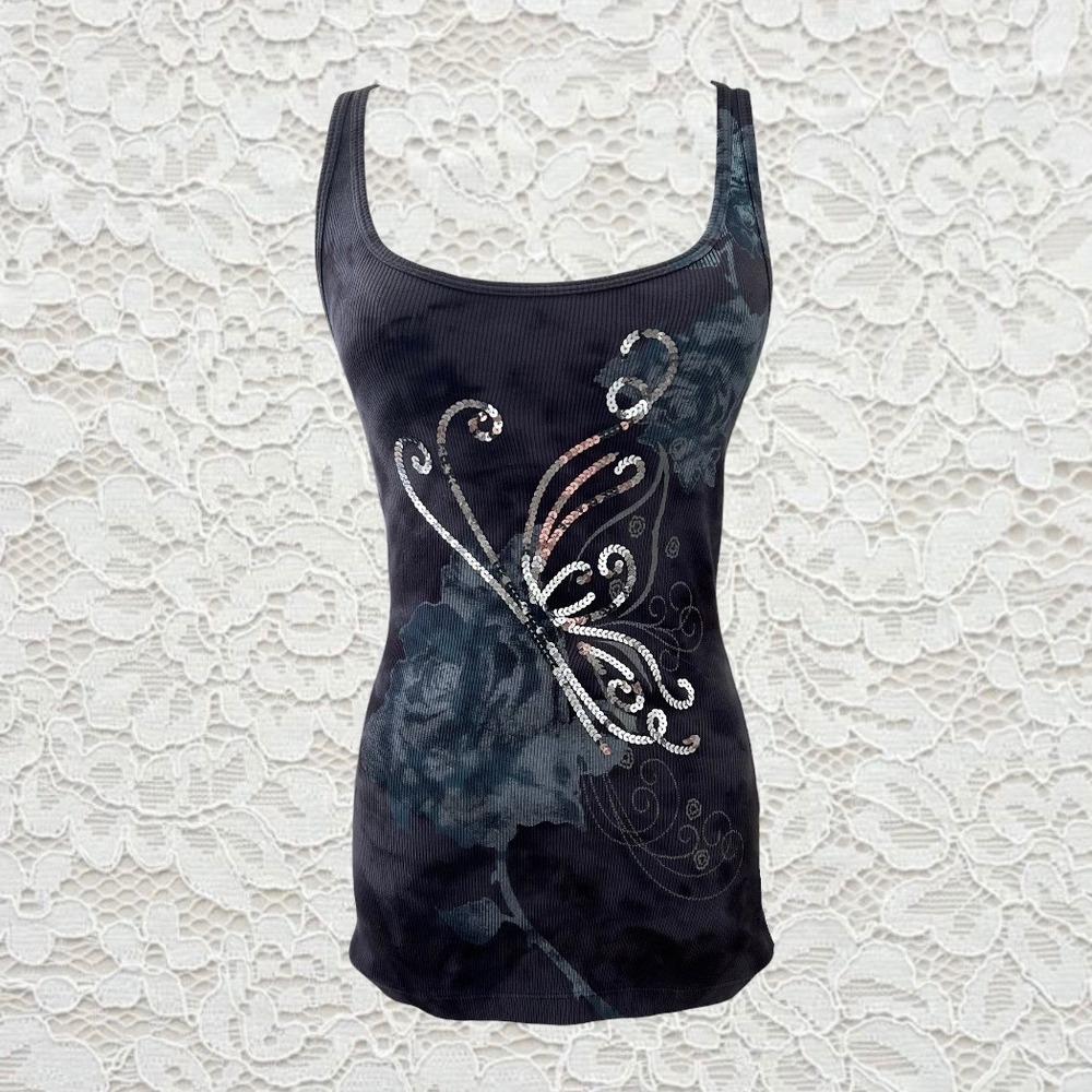 vintage cache floral sequin fitted tank top